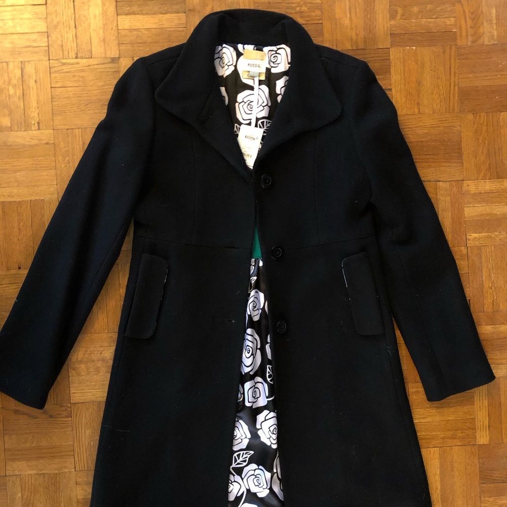 Fossil Pea Coat - Black with floral lining